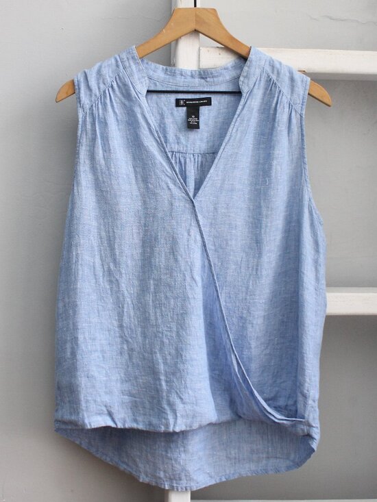 INC International Concepts Tops - INC Chambray Blue 100% Linen Sleeveless Wrap Front Lightweight Blouse Size 10